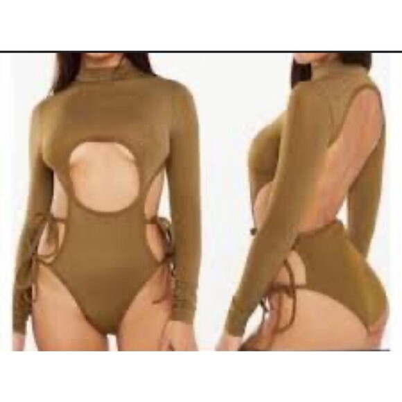 Savage X Fenty Bodysuit Green Shine Strapy Teddy Thong Mock Neck Size M - Picture 1 of 9